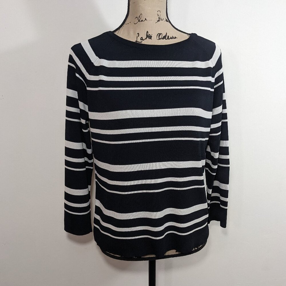 Pendleton Women's Sweater Medium Black White Stripe 3/4 Sleeve Rayon Blend Top